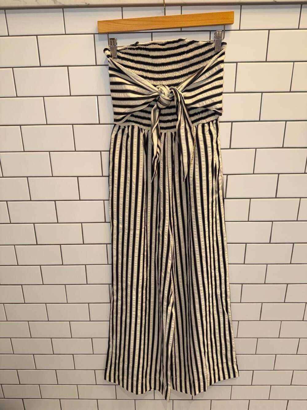Strapless Striped Jumpsuit with Tie Front XS no straps